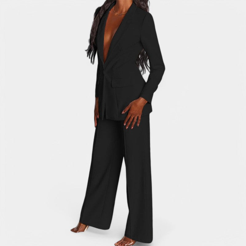 Women's Single Button Tailored Blazer Set – Wide Leg Office Trousers Set