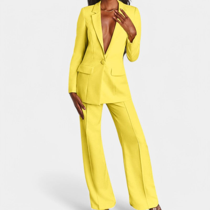 Women's Single Button Tailored Blazer Set – Wide Leg Office Trousers Set