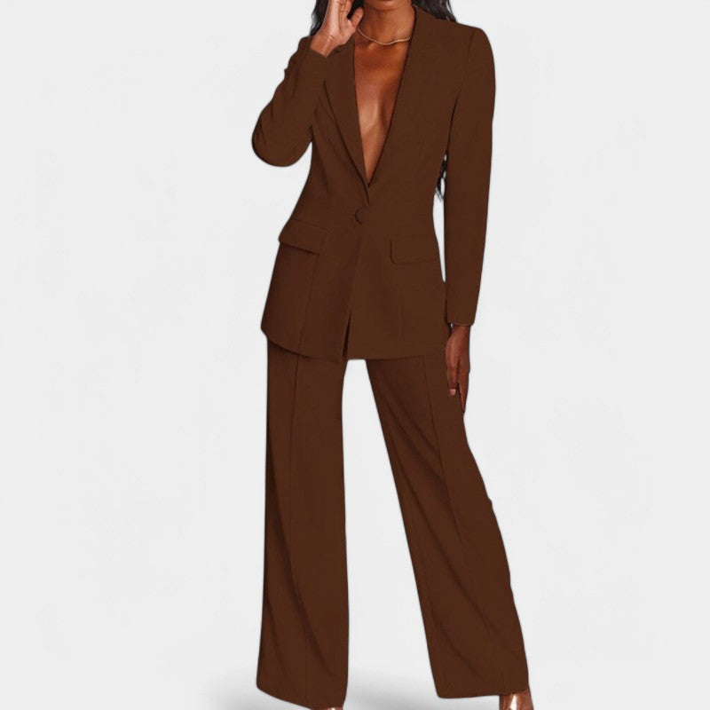 Women's Single Button Tailored Blazer Set – Wide Leg Office Trousers Set