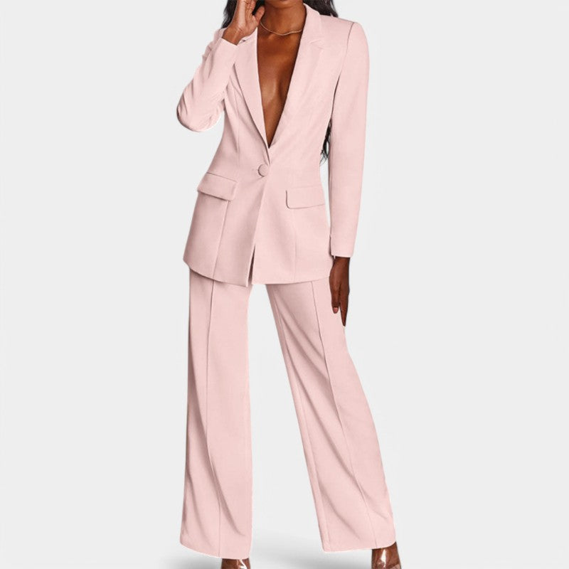 Women's Single Button Tailored Blazer Set – Wide Leg Office Trousers Set