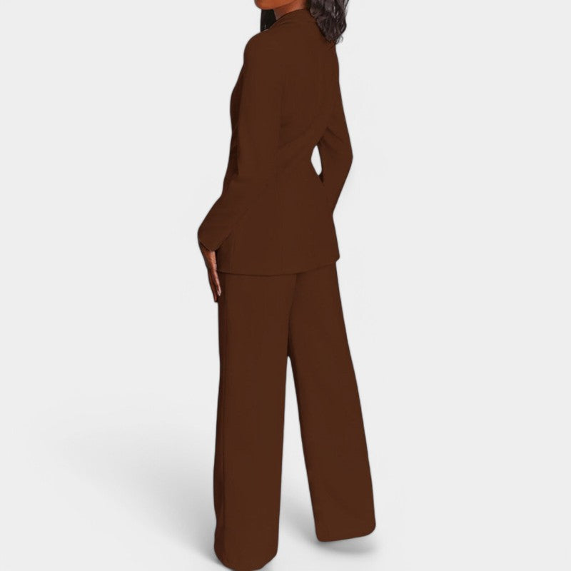 Women's Single Button Tailored Blazer Set – Wide Leg Office Trousers Set