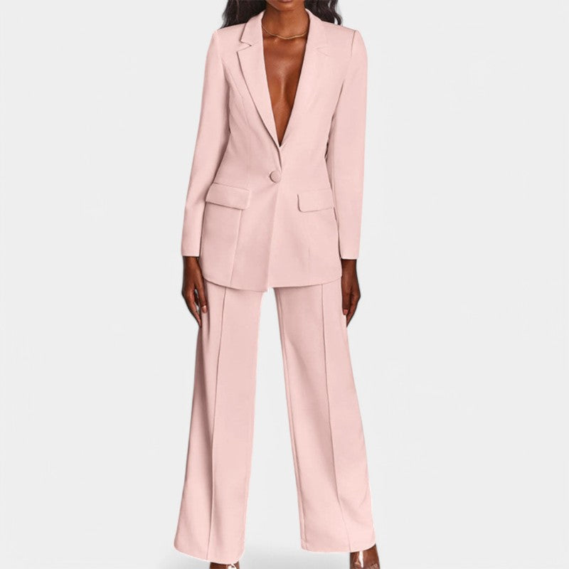Women's Single Button Tailored Blazer Set – Wide Leg Office Trousers Set