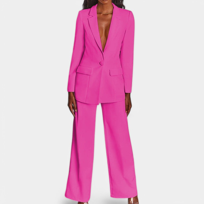 Women's Single Button Tailored Blazer Set – Wide Leg Office Trousers Set