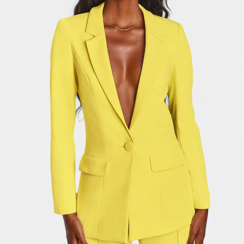 Women's Single Button Tailored Blazer Set – Wide Leg Office Trousers Set