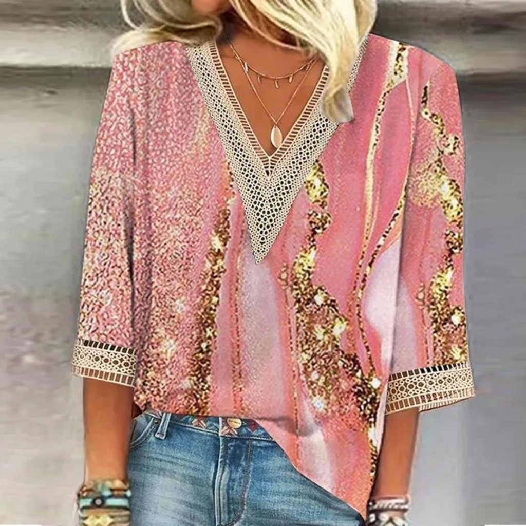 Women's V Neck Blouse with Balloon Sleeves and Relaxed Silhouette