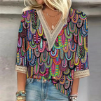 Women's V Neck Blouse with Balloon Sleeves and Relaxed Silhouette