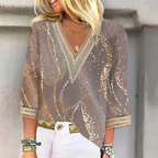 Women's V Neck Blouse with Balloon Sleeves and Relaxed Silhouette