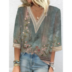 Women's V Neck Blouse with Balloon Sleeves and Relaxed Silhouette