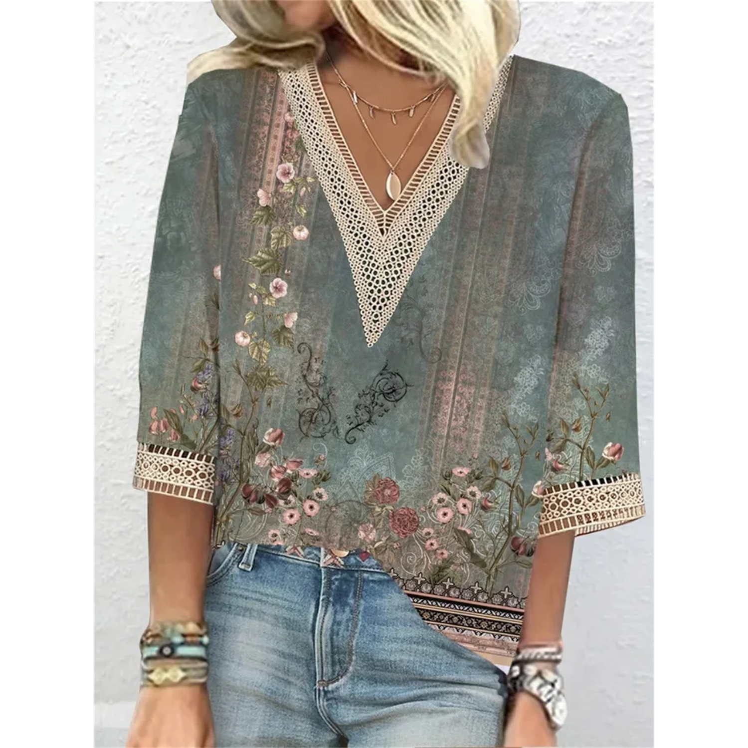 Women's V Neck Blouse with Balloon Sleeves and Relaxed Silhouette