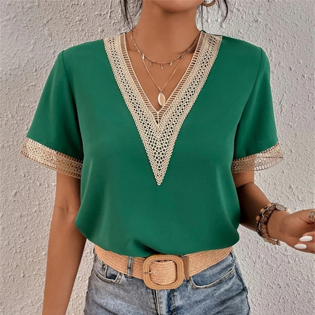 Women's Lace V-Neck Blouse – Split Lace Detail Long Sleeve Blouse