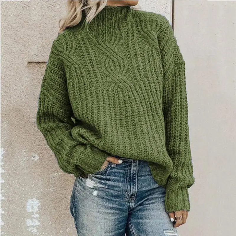 Women's High Neck Cable Sweater – Cozy Winter Knit Pullover