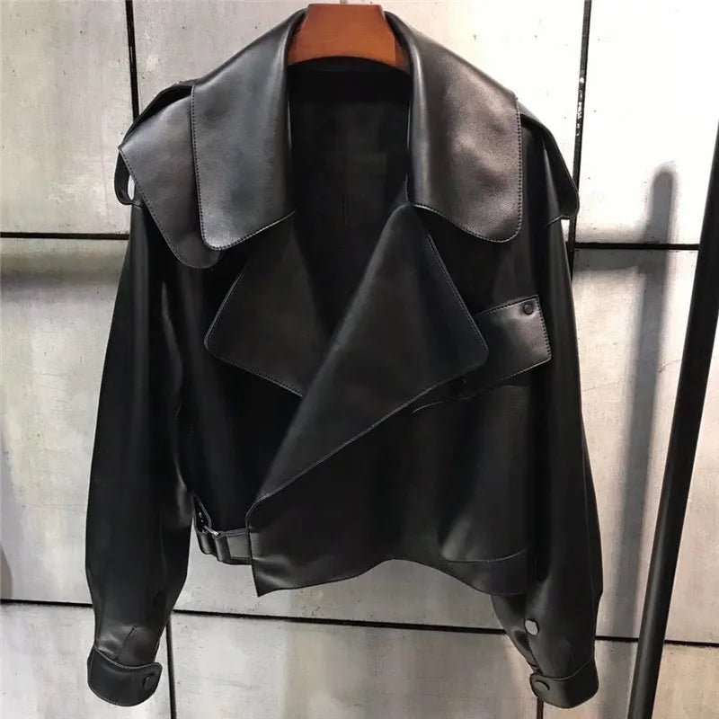 Women's Cropped Faux Leather Jacket – Retro Zip-Up Biker Jacket