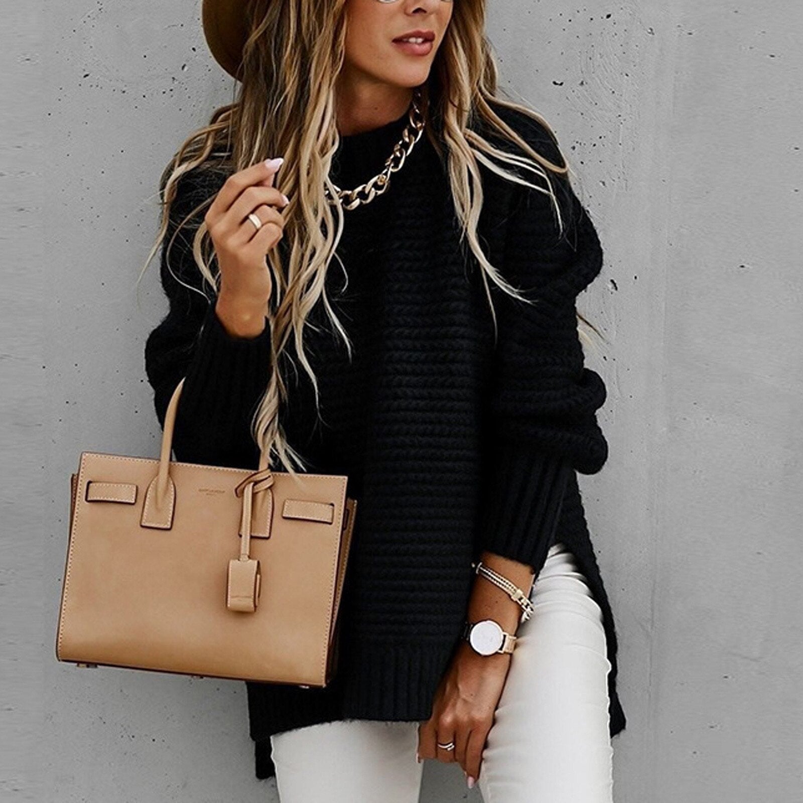 Women's High Neck Sweater – Side Split Longline Knit Sweater
