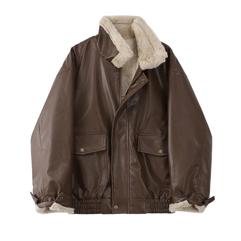 Women's Faux Leather Winter Jacket – Fleece Lined Oversized Coat