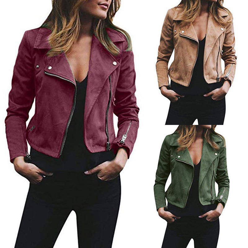 Women's Moto Biker Jacket – Faux Suede Zip Jacket