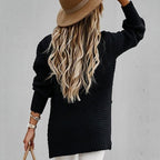 Women's High Neck Sweater – Side Split Longline Knit Sweater