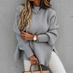 Women's High Neck Sweater – Side Split Longline Knit Sweater