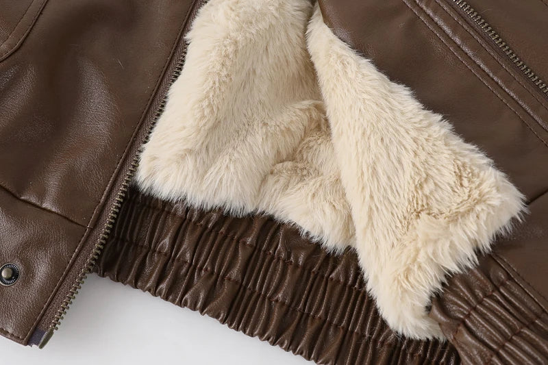 Women's Faux Leather Winter Jacket – Fleece Lined Oversized Coat