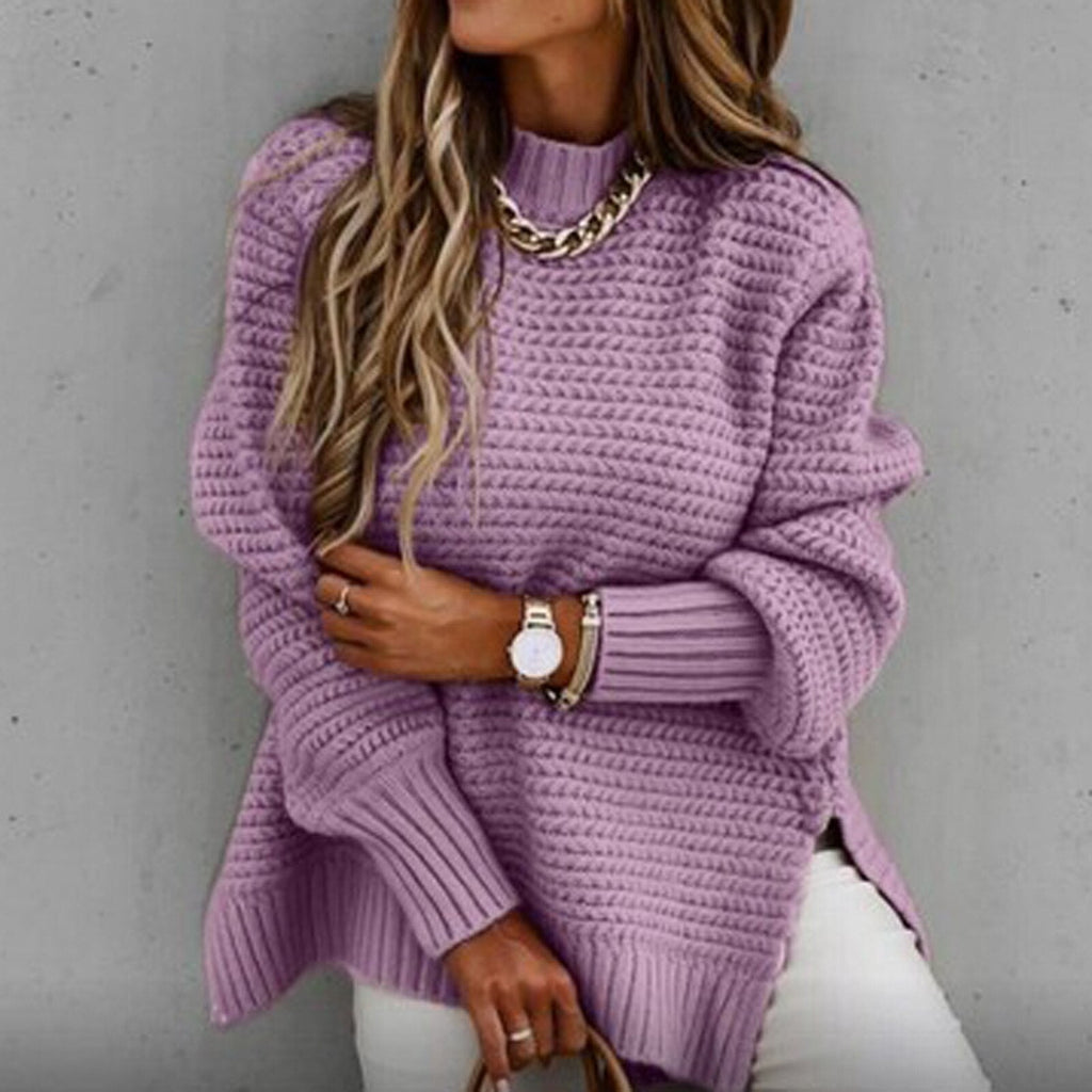 Women's High Neck Sweater – Side Split Longline Knit Sweater