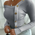 Women's One Shoulder Sweater – Oversized Button Detail Knit Sweater