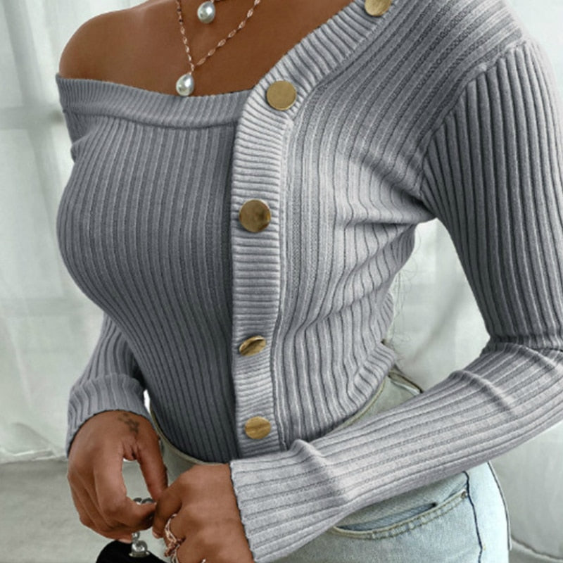 Women's One Shoulder Sweater – Oversized Button Detail Knit Sweater