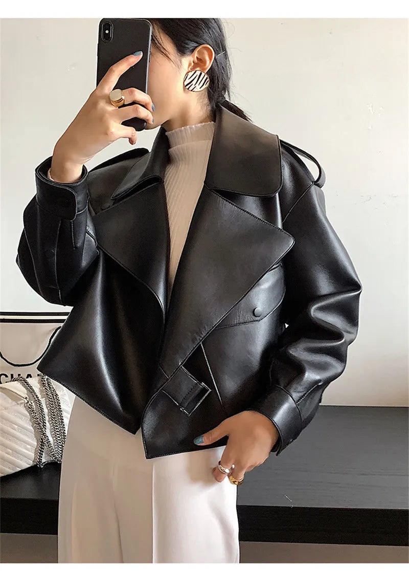 Women's Cropped Faux Leather Jacket – Retro Zip-Up Biker Jacket
