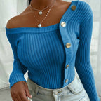 Women's One Shoulder Sweater – Oversized Button Detail Knit Sweater