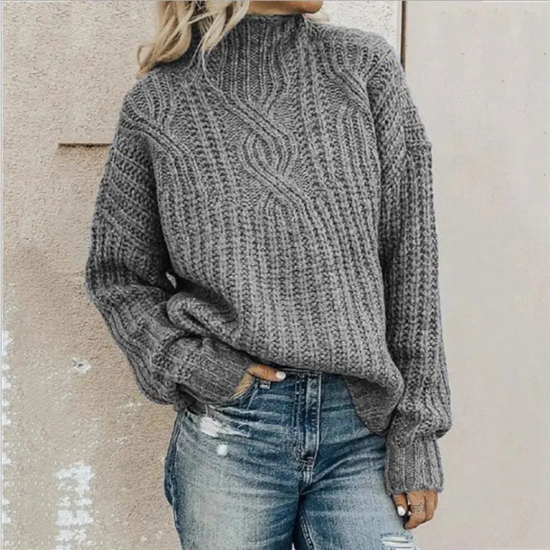 Women's High Neck Cable Sweater – Cozy Winter Knit Pullover