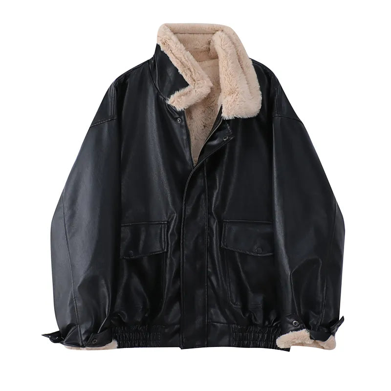 Women's Faux Leather Winter Jacket – Fleece Lined Oversized Coat
