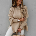 Women's High Neck Sweater – Side Split Longline Knit Sweater