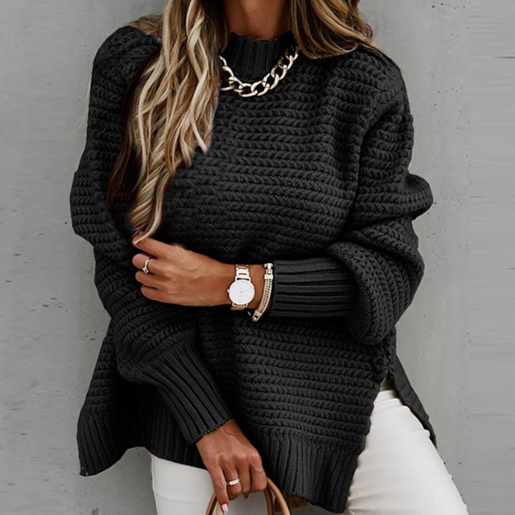 Women's High Neck Sweater – Side Split Longline Knit Sweater