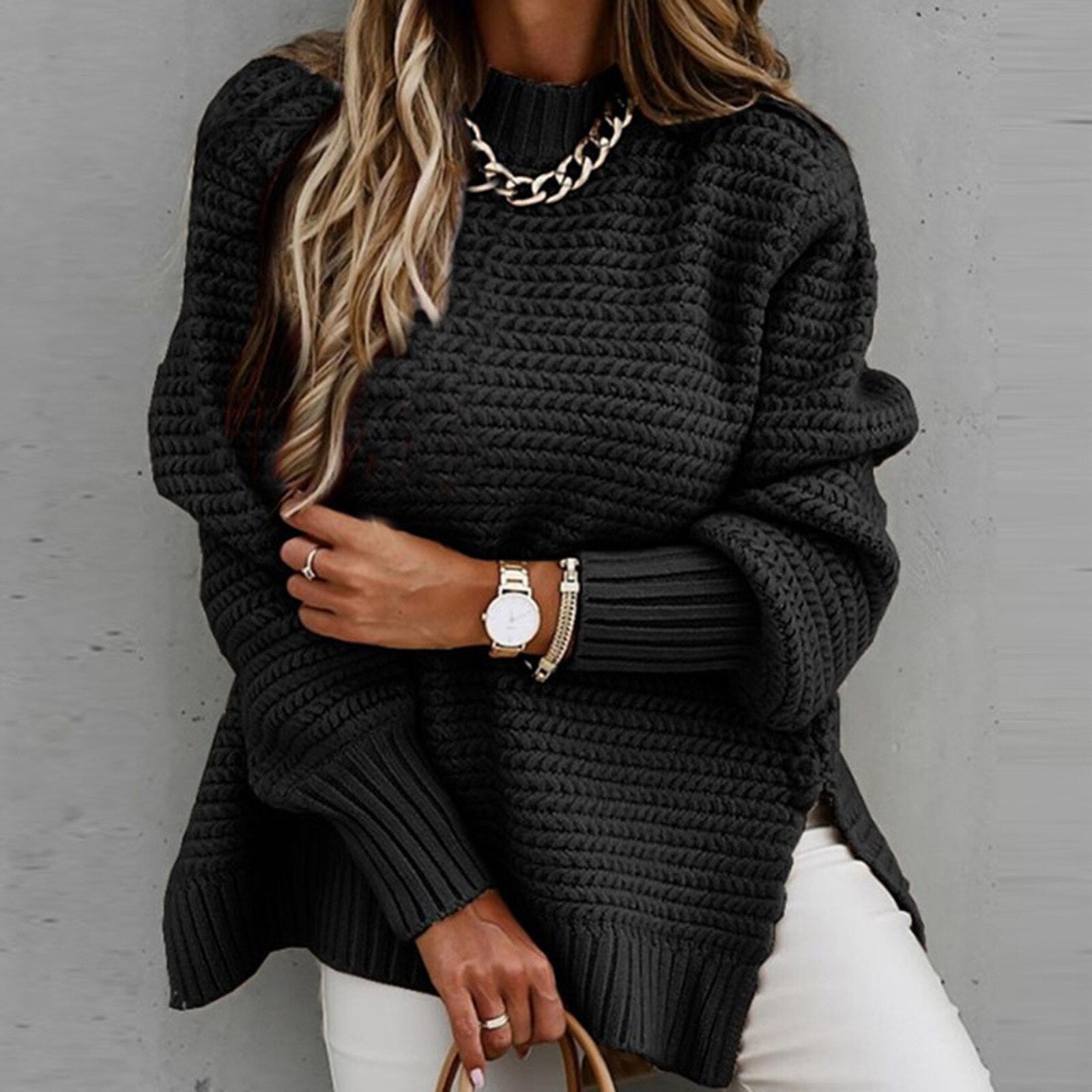 Women's High Neck Sweater – Side Split Longline Knit Sweater