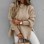 Women's High Neck Sweater – Side Split Longline Knit Sweater