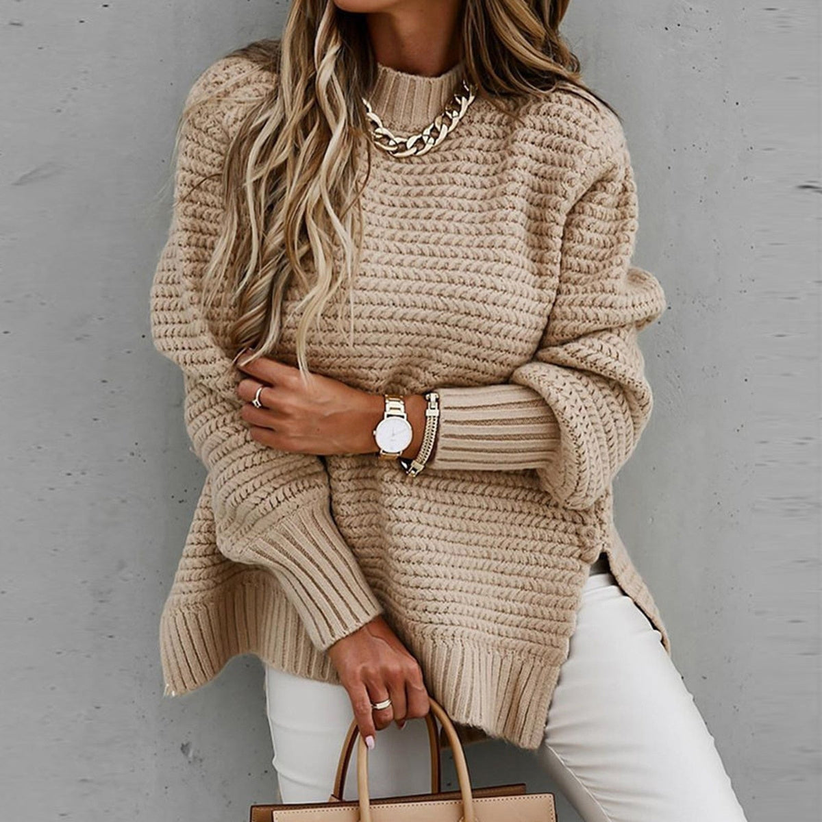 Women's High Neck Sweater – Side Split Longline Knit Sweater