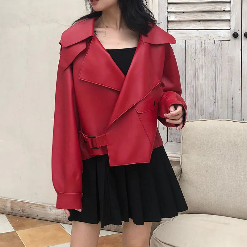 Women's Cropped Faux Leather Jacket – Retro Zip-Up Biker Jacket