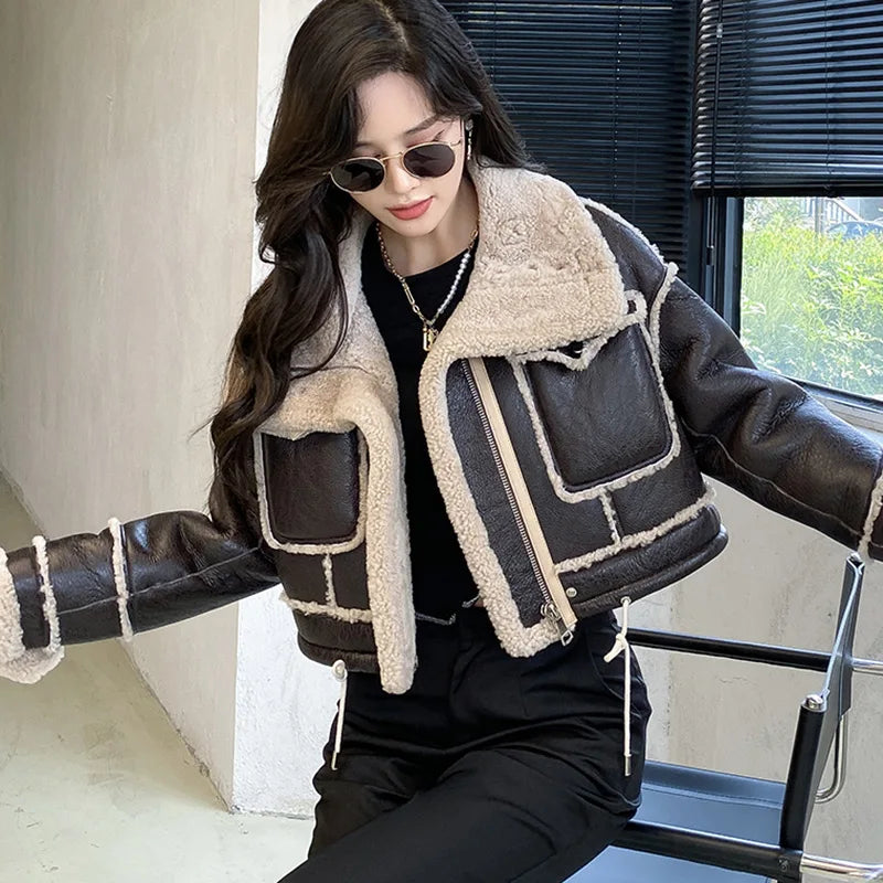 Women's Faux Leather Winter Coat – Plush Collar Moto Jacket