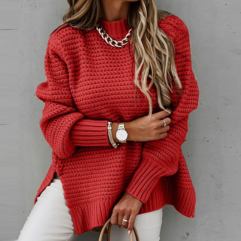 Women's High Neck Sweater – Side Split Longline Knit Sweater