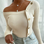 Women's One Shoulder Sweater – Oversized Button Detail Knit Sweater