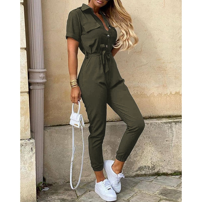 Women's Belted Button Jumpsuit – Fitted Statement Evening Jumpsuit