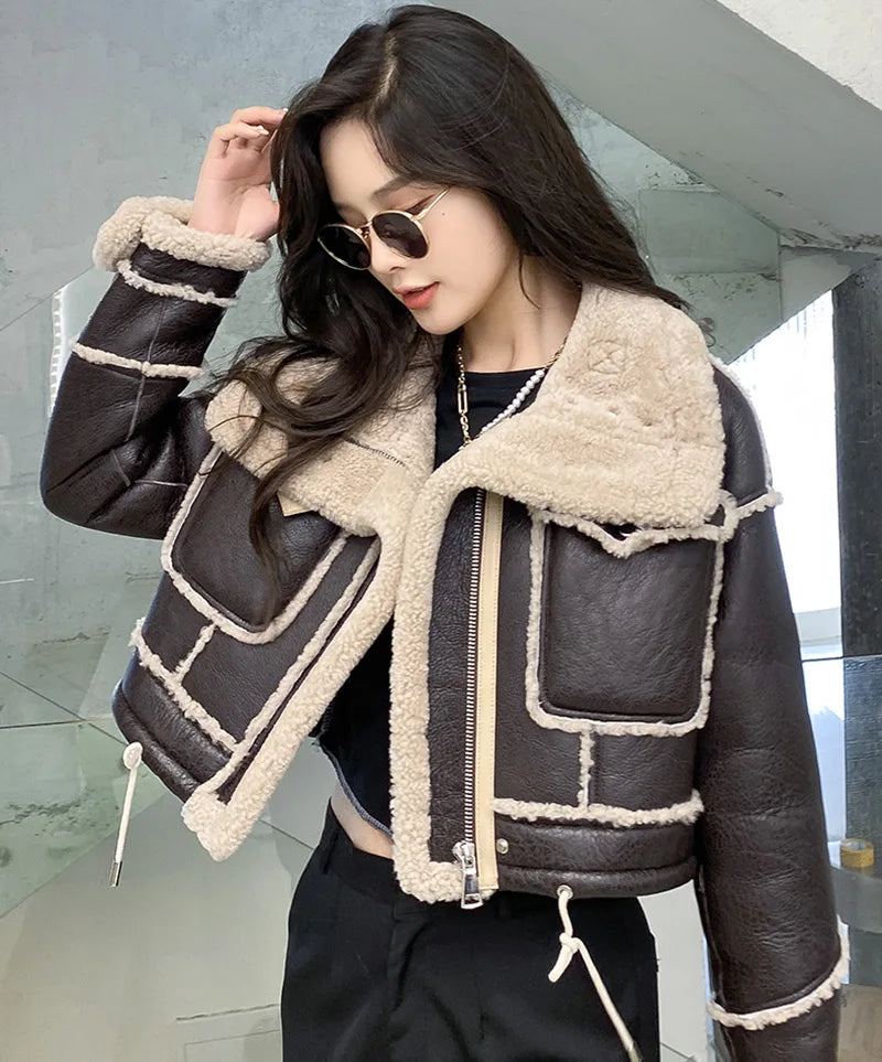 Women's Faux Leather Winter Coat – Plush Collar Moto Jacket