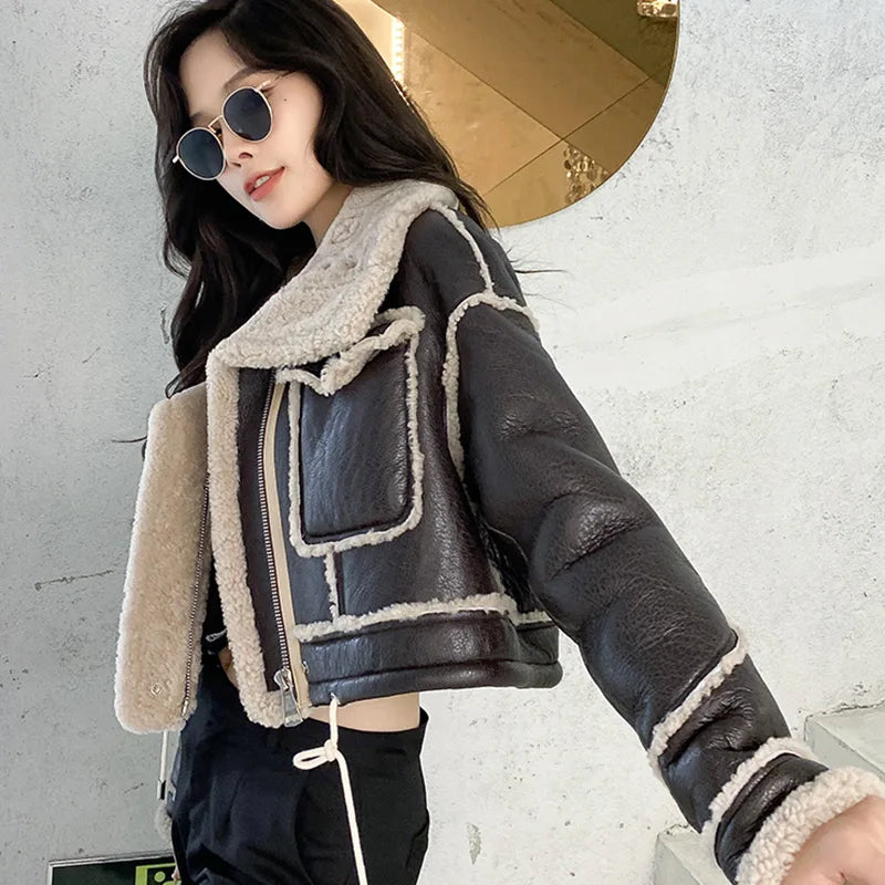 Women's Faux Leather Winter Coat – Plush Collar Moto Jacket