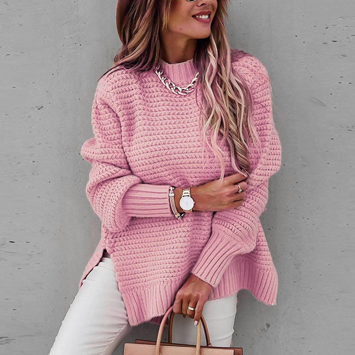 Women's High Neck Sweater – Side Split Longline Knit Sweater