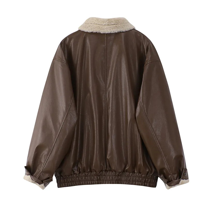 Women's Faux Leather Winter Jacket – Fleece Lined Oversized Coat