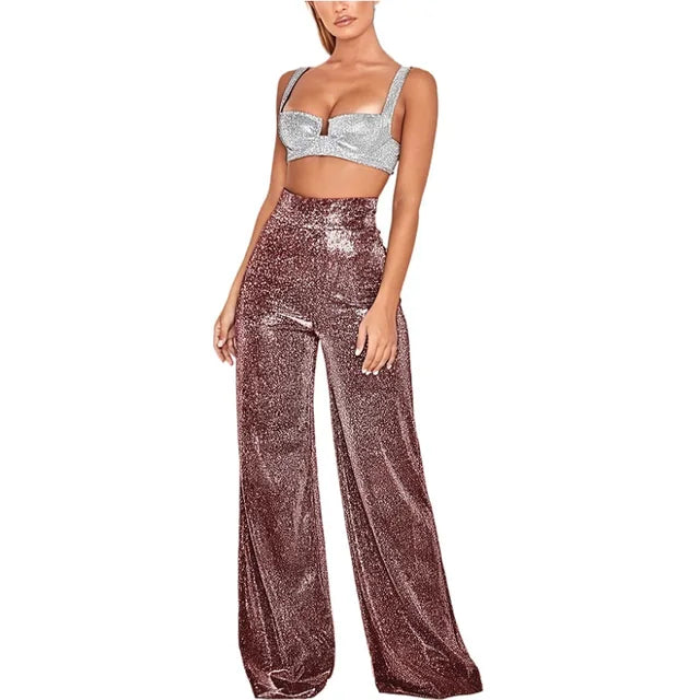 Women's Glitter Wide Leg Pants – High Waist Sparkly Party Trousers