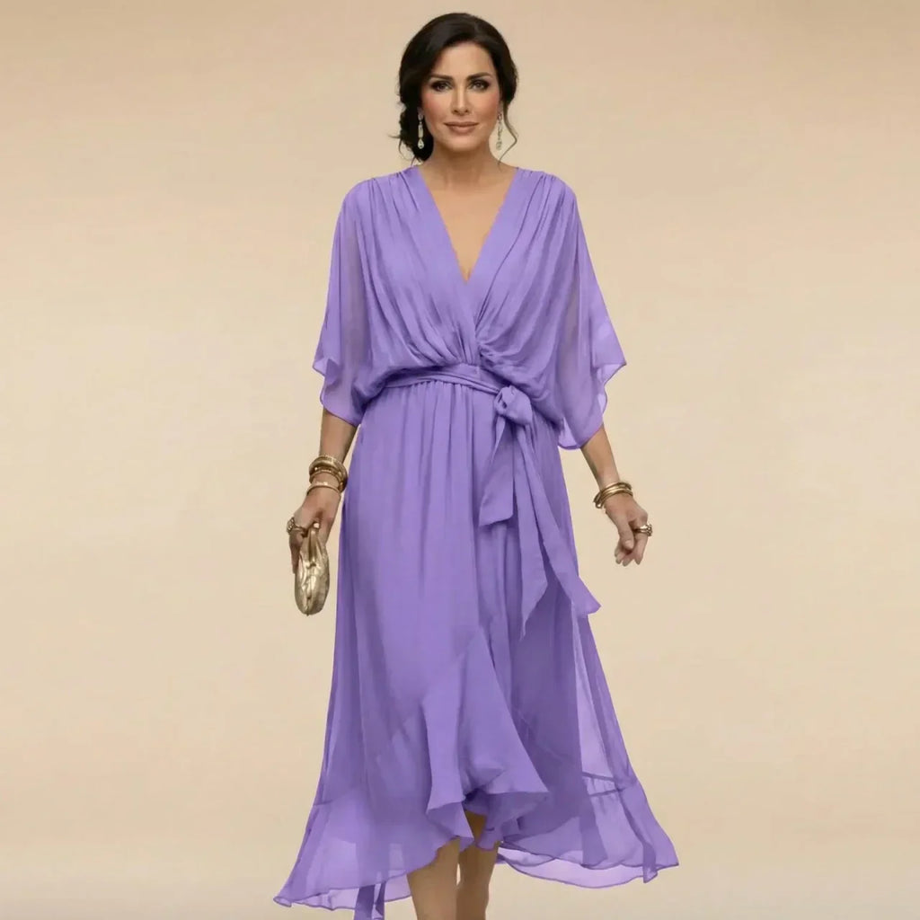 Women's V-Neck Flowy Dress – Three-Quarter Sleeve Summer Dress