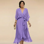 Women's V-Neck Flowy Dress – Three-Quarter Sleeve Summer Dress