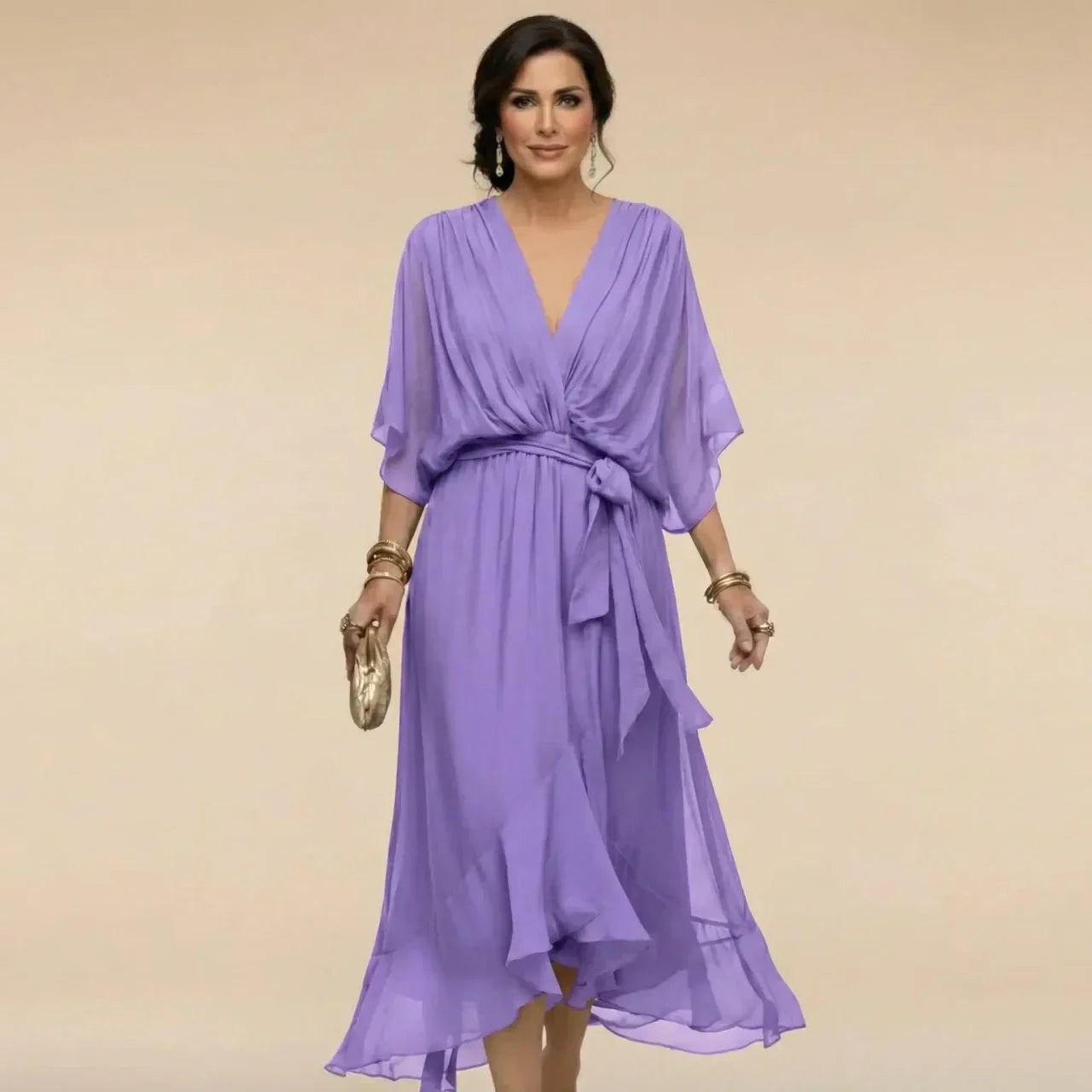 Women's V-Neck Flowy Dress – Three-Quarter Sleeve Summer Dress