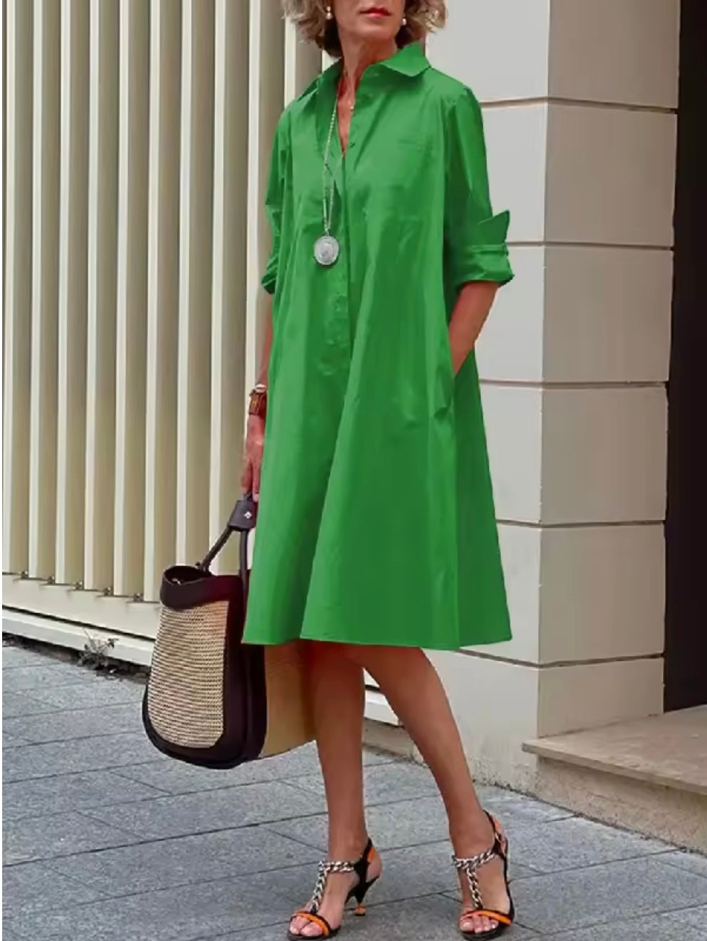 Women's Collared Midi Dress – Flared Button Front Dress