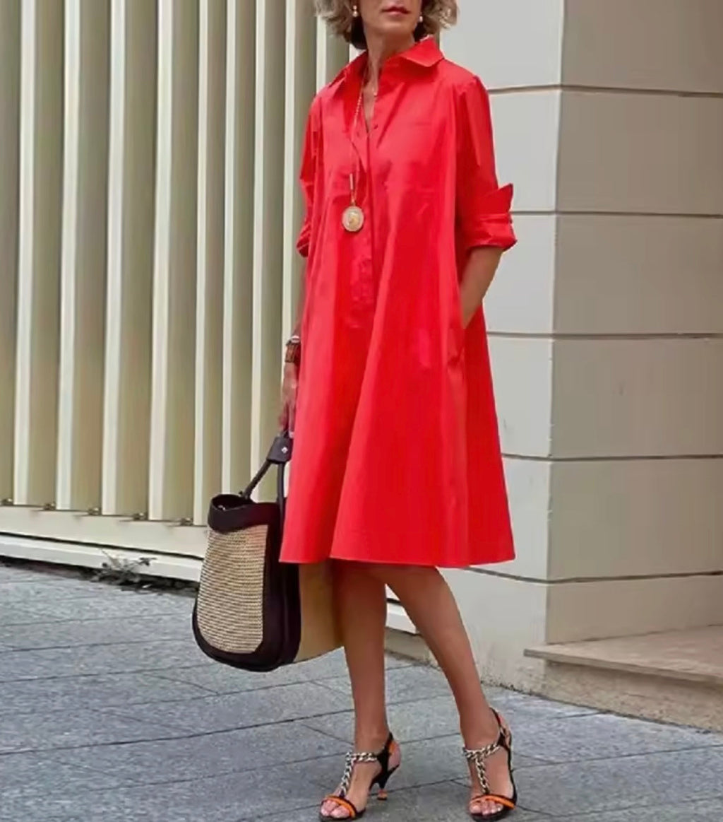 Women's Collared Midi Dress – Flared Button Front Dress