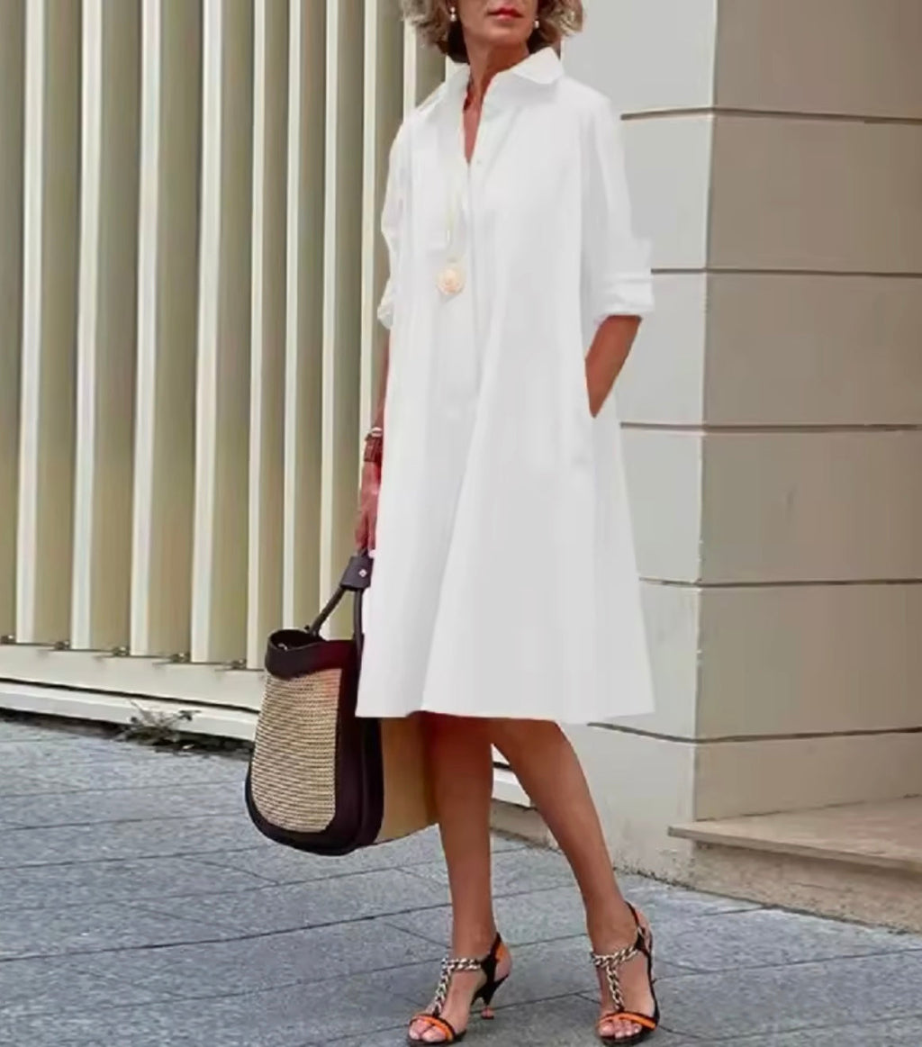 Women's Collared Midi Dress – Flared Button Front Dress